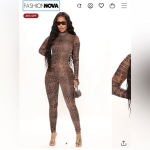 Fashion Nova Sexy In Snake Mesh Jumpsuit - Brown